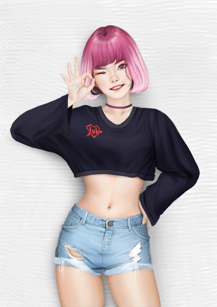 Anime picture 2480x3508 with original greyzie angel jubi (regiana) single tall image looking at viewer fringe highres short hair simple background smile pink hair blunt bangs long sleeves parted lips head tilt one eye closed pink eyes wink mole