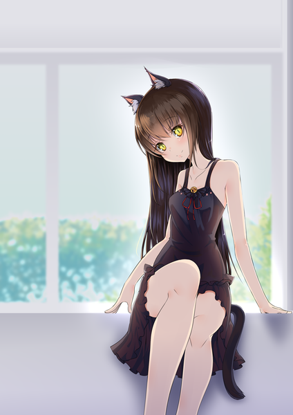 Anime picture 1000x1414 with original inu3 single long hair tall image looking at viewer blush black hair smile sitting animal ears yellow eyes bent knee (knees) tail head tilt animal tail cat ears arm support cat girl cat tail