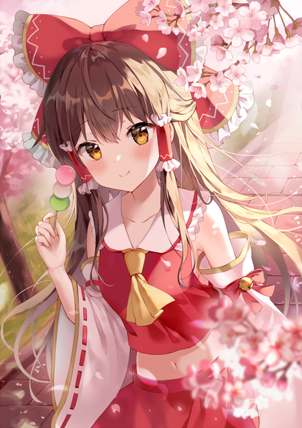 Anime-Bild 750x1064 mit touhou hakurei reimu mayo (miyusa) single long hair tall image looking at viewer blush fringe hair between eyes brown hair standing brown eyes traditional clothes japanese clothes light smile wide sleeves midriff cherry blossoms half updo