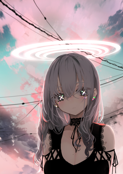 Anime picture 1577x2229 with original narue single long hair tall image looking at viewer blush fringe breasts light erotic hair between eyes large breasts bare shoulders sky cleavage cloud (clouds) upper body outdoors grey hair blurry