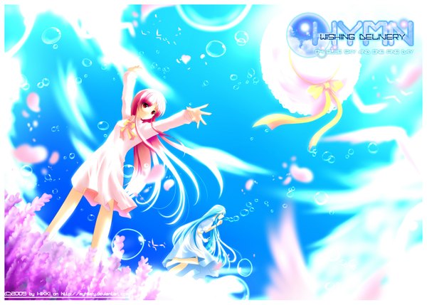 Anime picture 1430x1023 with original myhilary long hair smile multiple girls pink hair sky cloud (clouds) profile pink eyes aqua eyes aqua hair inscription light spread arms framed girl dress 2 girls petals