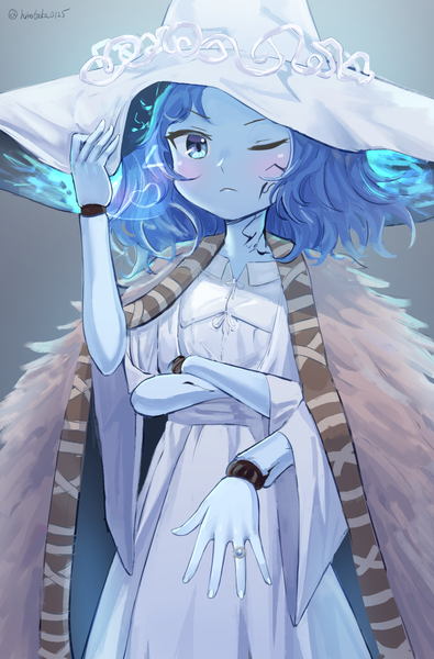 Anime picture 1229x1866 with elden ring ranni the witch hirotaka0125 single tall image looking at viewer blush fringe short hair simple background standing signed blue hair one eye closed grey background wide sleeves twitter username gradient background crossed arms adjusting hat