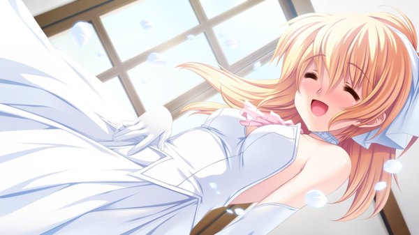 Anime picture 1280x720 with dolphin divers cher erna senomoto hisashi long hair blush open mouth blonde hair wide image bare shoulders game cg eyes closed girl dress gloves petals elbow gloves