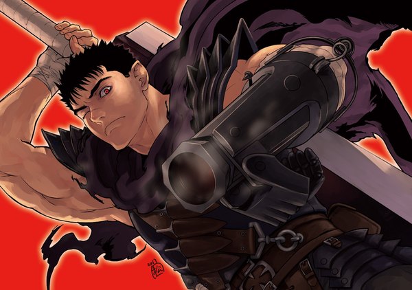 Anime picture 994x700 with berserk guts zonzgong single looking at viewer short hair black hair simple background red eyes standing holding signed one eye closed arm up torn clothes scar smoke red background muscle outline