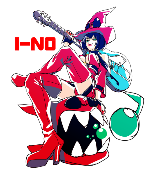 Anime picture 715x845 with guilty gear i-no pizaya single tall image short hair breasts light erotic black hair simple background white background bare shoulders green eyes looking away full body nail polish mole arm support character names lipstick