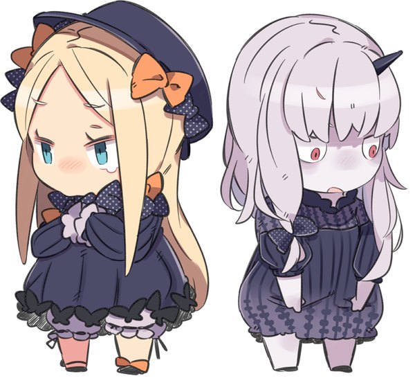 Anime picture 800x738 with fate (series) fate/grand order abigail williams (fate) lavinia whateley (fate/grand order) pekeko (pepekekeko) long hair blush fringe open mouth blue eyes simple background blonde hair red eyes white background multiple girls payot looking away silver hair full body horn (horns)