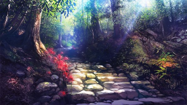 Anime picture 1280x720 with original ginnofude (takei) wide image wallpaper no people landscape nature flower (flowers) plant (plants) tree (trees) grass forest stone (stones) road higanbana