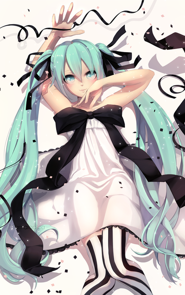 Anime picture 998x1592 with vocaloid hatsune miku marmalade (elfless vanilla) single tall image looking at viewer blush twintails bare shoulders bent knee (knees) very long hair aqua eyes light smile aqua hair alternate costume sleeveless new year happy new year girl thighhighs
