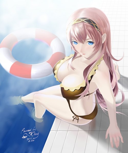 Anime picture 1600x1920 with project diva vocaloid megurine luka okingjo single long hair tall image highres breasts blue eyes light erotic large breasts pink hair cleavage girl swimsuit bikini hairband swim ring
