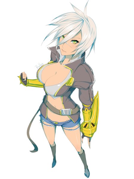 Anime picture 1200x1600 with league of legends riven (league of legends) kumiko shiba single tall image looking at viewer fringe short hair breasts light erotic simple background large breasts white background green eyes from above grey hair scar girl shorts short shorts