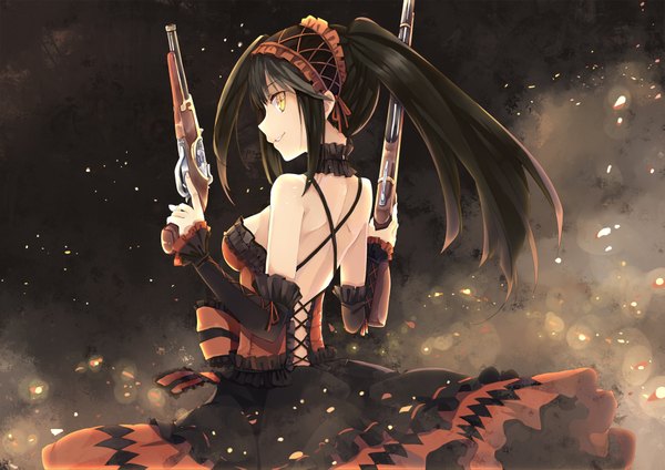 Anime picture 1725x1220 with date a live tokisaki kurumi hao (patinnko) single long hair highres black hair twintails yellow eyes looking back back girl dress weapon detached sleeves frills headdress gun musket