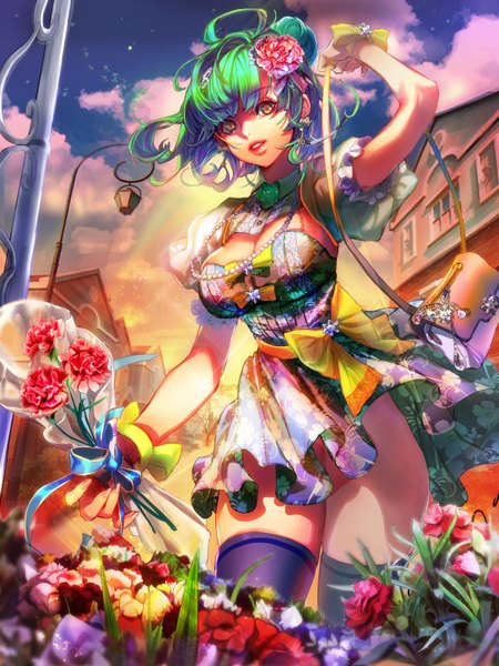 Anime picture 1200x1600 with original imp single tall image looking at viewer fringe short hair open mouth light erotic standing holding brown eyes sky cloud (clouds) fingernails green hair wind teeth from below hair bun (hair buns)