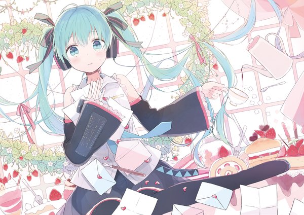 Anime picture 1599x1131 with vocaloid hatsune miku gomi chiri single long hair looking at viewer blush twintails bare shoulders holding aqua eyes aqua hair tears hand on chest crying girl flower (flowers) ribbon (ribbons) plant (plants) hair ribbon