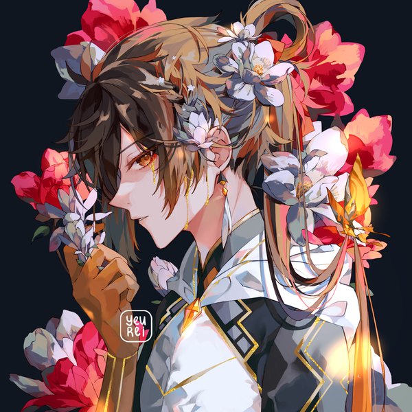 Anime picture 1100x1100 with genshin impact zhongli (genshin impact) zhongli (archon) (genshin impact) yeurei single long hair looking at viewer fringe simple background brown hair holding signed yellow eyes upper body ponytail parted lips profile hair flower black background gradient hair