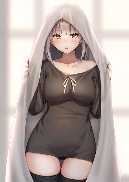 Anime picture 991x1400 with original reinama single tall image looking at viewer blush fringe short hair breasts open mouth light erotic standing brown eyes payot silver hair indoors blunt bangs blurry off shoulder pantyshot