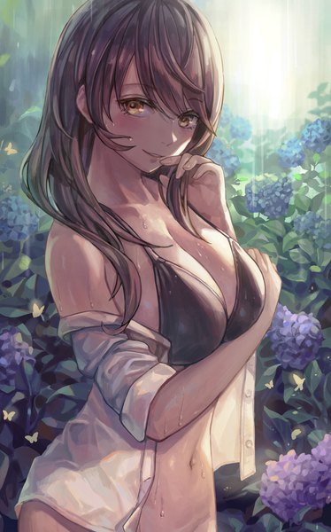 Anime picture 1247x2000 with persona 4 persona kujikawa rise yahiro (666131415) single long hair tall image looking at viewer blush fringe breasts light erotic smile hair between eyes brown hair large breasts standing brown eyes payot cleavage