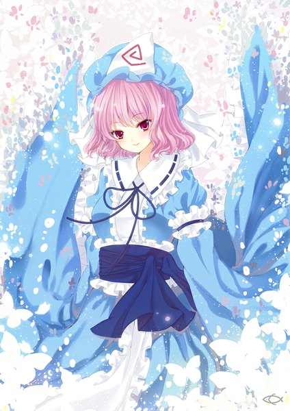 Anime picture 800x1132 with touhou saigyouji yuyuko philomelalilium single tall image blush short hair smile red eyes pink hair girl dress flower (flowers) petals insect butterfly bonnet
