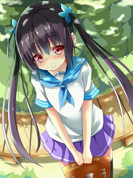 Anime picture 750x1000 with original yahiro (anhnw) single long hair tall image looking at viewer blush black hair smile red eyes twintails holding pink eyes green background girl thighhighs skirt uniform hair ornament black thighhighs