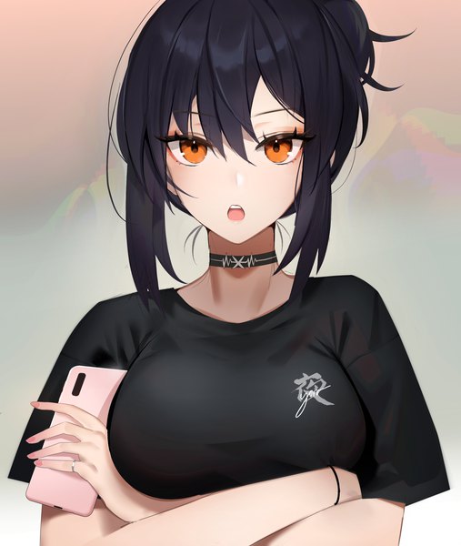 Anime picture 2935x3471 with original yoru (ei1han) yoru (yowuyoru) single tall image looking at viewer blush fringe highres short hair breasts open mouth black hair simple background hair between eyes large breasts holding payot upper body fingernails