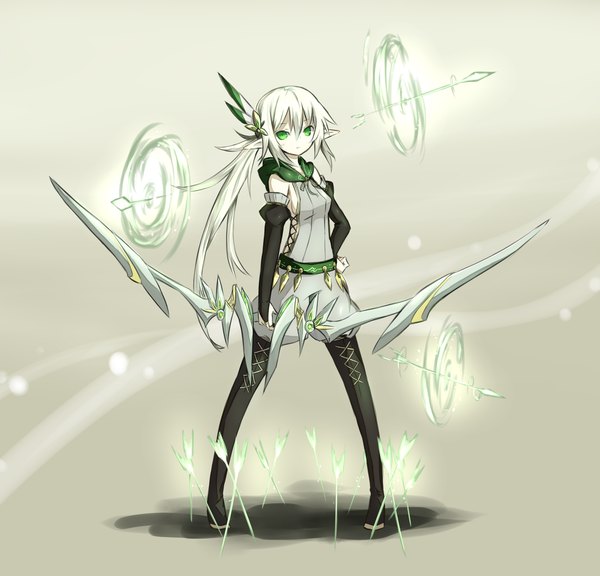 Anime picture 1500x1440 with original sakuto kazanami single long hair fringe standing green eyes hand on hip elf gloves weapon elbow gloves shoes thigh boots bow (weapon) arrow (arrows)