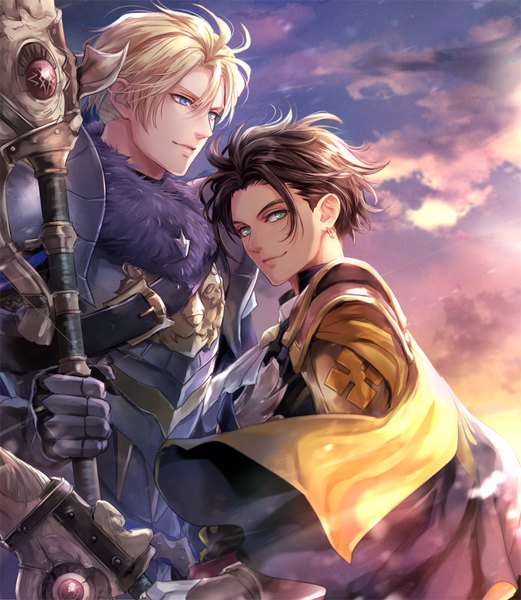 Anime picture 900x1037 with fire emblem fire emblem: three houses fire emblem warriors: three hopes nintendo dimitri alexandre blaiddyd claude von riegan hksi1pin tall image looking at viewer fringe short hair blue eyes blonde hair smile hair between eyes brown hair holding green eyes looking away sky