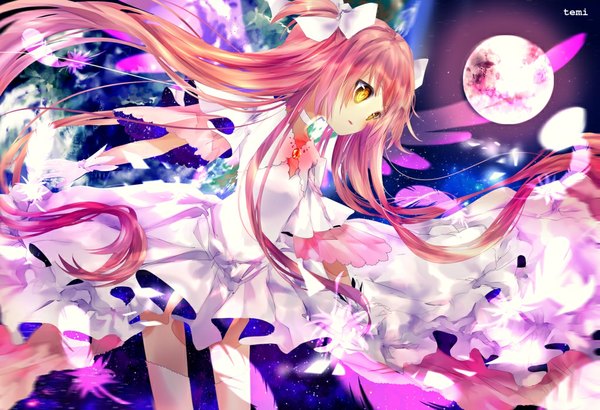 Anime picture 1024x700 with mahou shoujo madoka magica shaft (studio) kaname madoka goddess madoka temiji blush standing twintails yellow eyes looking away pink hair very long hair wide sleeves short twintails dark background spread arms girl dress gloves wings