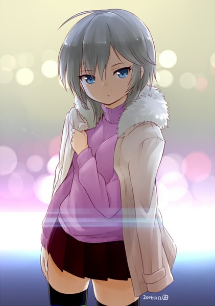 Anime picture 600x855 with idolmaster idolmaster cinderella girls anastasia (idolmaster) nagian single tall image fringe short hair blue eyes standing signed silver hair ahoge pleated skirt open clothes open jacket dated girl thighhighs skirt