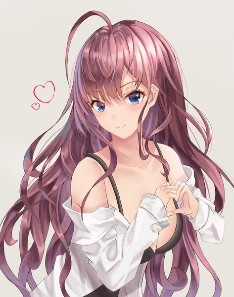 Anime picture 1350x1710 with idolmaster idolmaster cinderella girls ichinose shiki cup6542 single long hair tall image looking at viewer blush fringe breasts blue eyes light erotic simple background hair between eyes bare shoulders cleavage purple hair ahoge parted lips