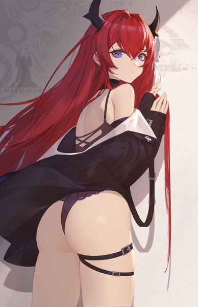 Anime picture 1800x2787 with arknights surtr (arknights) lance (lancelliu) single long hair tall image looking at viewer fringe highres light erotic hair between eyes standing purple eyes ass red hair horn (horns) from behind off shoulder open jacket shadow