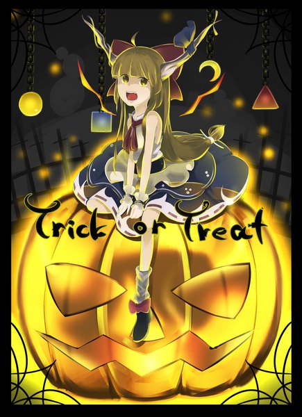 Anime picture 1239x1708 with touhou ibuki suika crazyoton46 single tall image looking at viewer fringe open mouth blonde hair sitting yellow eyes ahoge blunt bangs horn (horns) glowing border low ponytail halloween trick or treat girl