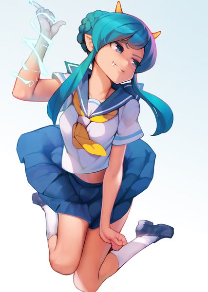 Anime picture 1280x1800 with urusei yatsura lum ataruman single long hair tall image fringe breasts blue eyes simple background smile blue hair looking away bent knee (knees) braid (braids) horn (horns) pointy ears fang (fangs) gradient background jumping