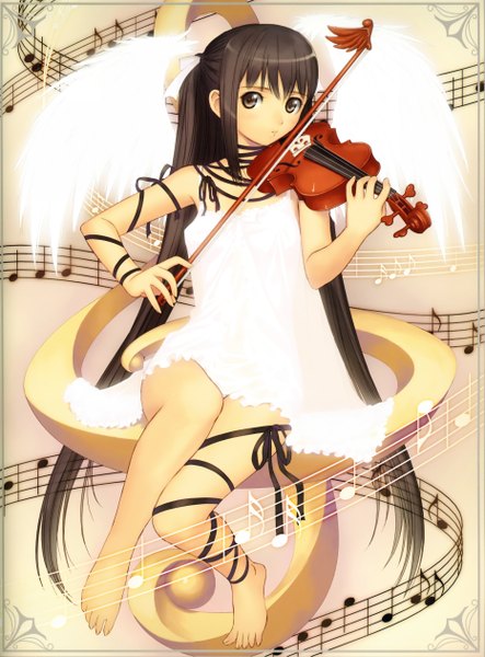 Anime picture 3723x5037 with tony taka long hair tall image highres black hair brown eyes absurdres barefoot music girl ribbon (ribbons) musical instrument violin bow (instrument)