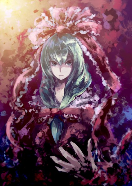 Anime picture 1074x1517 with touhou kagiyama hina ayaya (artist) single long hair tall image green eyes green hair girl bow hair bow
