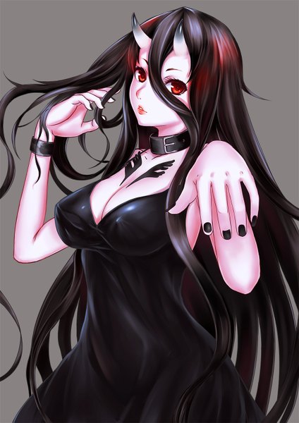 Anime picture 992x1403 with kantai collection battleship-symbiotic hime ytoy single long hair tall image looking at viewer breasts light erotic black hair hair between eyes red eyes parted lips horn (horns) oni horns shinkaisei-kan girl dress black dress collar