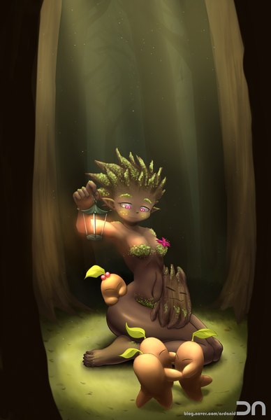 Anime picture 900x1391 with league of legends maokai (league of legends) nestkeeper single tall image short hair light erotic pink eyes green hair pointy ears no bra armpit (armpits) no panties dark skin genderswap dryad girl navel plant (plants) tree (trees)