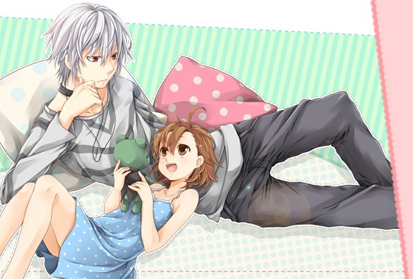 Anime picture 1180x800 with to aru majutsu no index j.c. staff accelerator last order meso (goma-meso) short hair open mouth red eyes brown hair brown eyes silver hair loli girl boy pillow sweater toy stuffed animal sundress