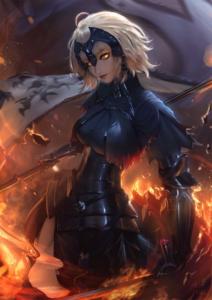 Anime picture 848x1200 with fate (series) fate/grand order jeanne d'arc (fate) (all) jeanne d'arc alter (fate) raikoart single tall image looking at viewer fringe short hair blonde hair standing holding ahoge head tilt realistic orange eyes lipstick glowing glowing eye (eyes)