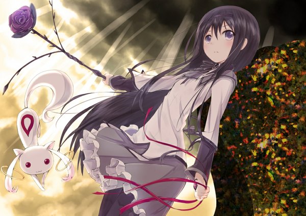 Anime picture 1000x706 with mahou shoujo madoka magica shaft (studio) akemi homura kyuubee mirai (macharge) long hair black hair purple eyes girl dress skirt flower (flowers) ribbon (ribbons) miniskirt hairband