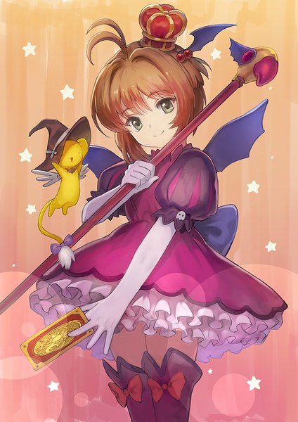 Anime picture 700x990 with card captor sakura clamp kinomoto sakura kero meto31 single tall image looking at viewer short hair smile brown hair green eyes ahoge head tilt zettai ryouiki puffy sleeves halloween bat wings head wings girl