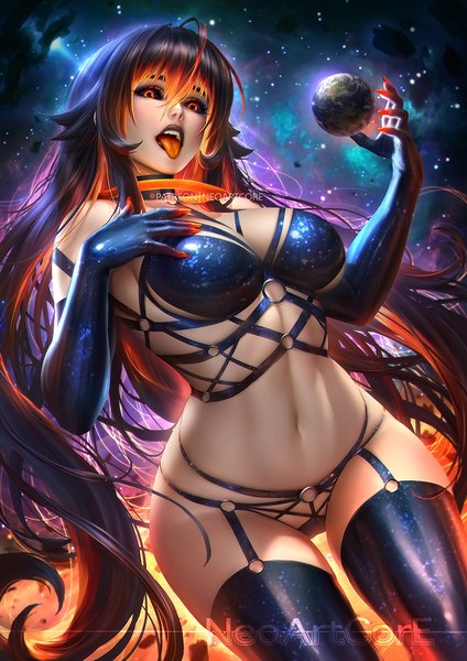 Anime picture 800x1132 with original blackhole-chan nudtawut thongmai single tall image looking at viewer fringe breasts open mouth light erotic hair between eyes signed ahoge very long hair multicolored hair sunlight orange hair realistic two-tone hair teeth