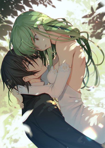 Anime-Bild 800x1132 mit code geass sunrise (studio) c.c. lelouch lamperouge creayus long hair tall image fringe short hair breasts open mouth black hair smile purple eyes bare shoulders yellow eyes outdoors blunt bangs parted lips green hair