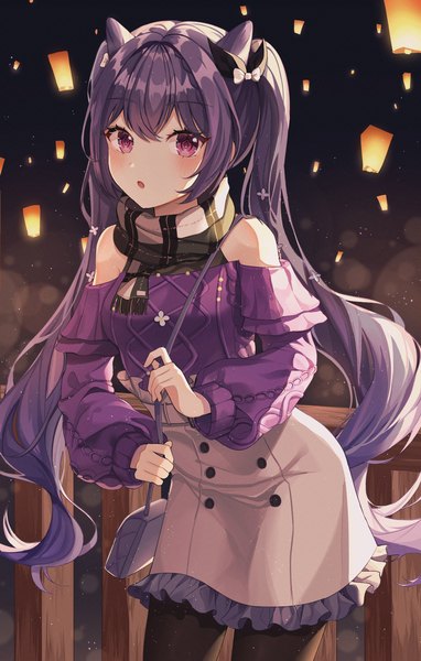 Anime picture 1082x1700 with genshin impact keqing (genshin impact) keqing (lantern rite) (genshin impact) tteullie single long hair tall image looking at viewer blush fringe breasts open mouth hair between eyes standing purple eyes twintails payot purple hair outdoors long sleeves