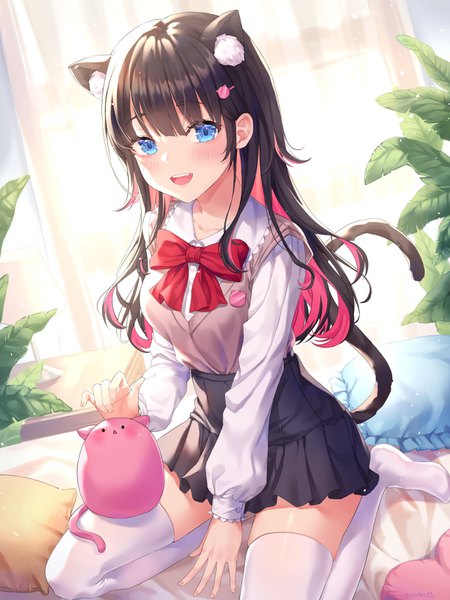 Anime picture 1200x1600 with original soyubee single long hair tall image blush fringe open mouth blue eyes black hair smile sitting animal ears payot bent knee (knees) indoors tail blunt bangs long sleeves :d
