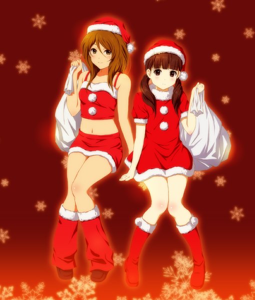 Anime picture 850x1000 with k-on! kyoto animation tachibana himeko wakaouji ichigo shian (my lonly life.) long hair tall image looking at viewer blush red eyes brown hair bare shoulders multiple girls brown eyes fur trim christmas girl dress navel 2 girls