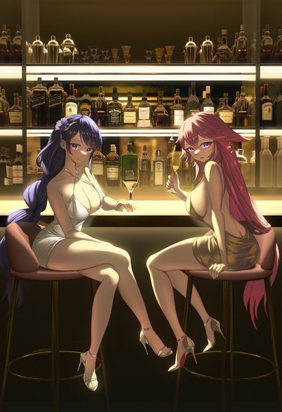 Anime picture 2500x3643 with genshin impact jack daniel's raiden shogun yae miko zzo (chorizzzzo) tall image looking at viewer fringe highres breasts open mouth light erotic hair between eyes large breasts sitting purple eyes multiple girls animal ears payot pink hair
