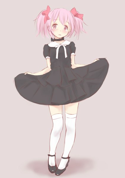Anime picture 714x1013 with mahou shoujo madoka magica shaft (studio) kaname madoka wa (genryusui) single tall image looking at viewer blush short hair simple background twintails pink hair pink eyes grey background loli girl thighhighs dress bow hair bow