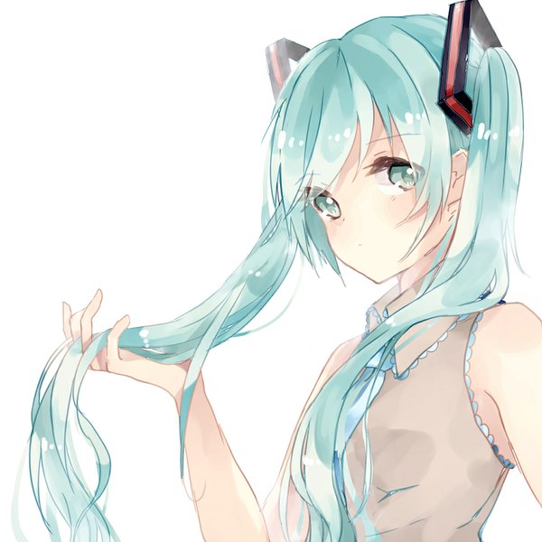 Anime picture 1000x1000 with vocaloid hatsune miku lemon honey1013 single long hair simple background white background twintails bare shoulders looking away aqua eyes aqua hair girl