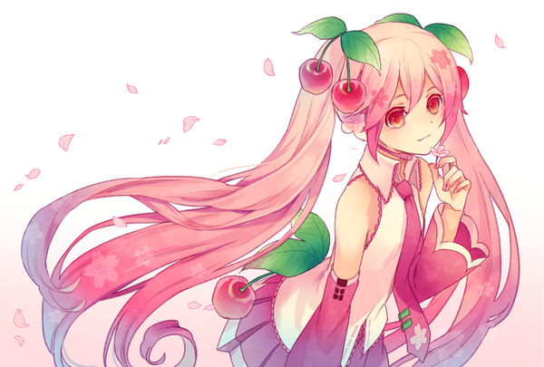 Anime picture 1000x675 with vocaloid hatsune miku sakura miku choke (amamarin) single long hair simple background red eyes white background twintails bare shoulders pink hair pleated skirt girl detached sleeves petals necktie food berry (berries) cherry