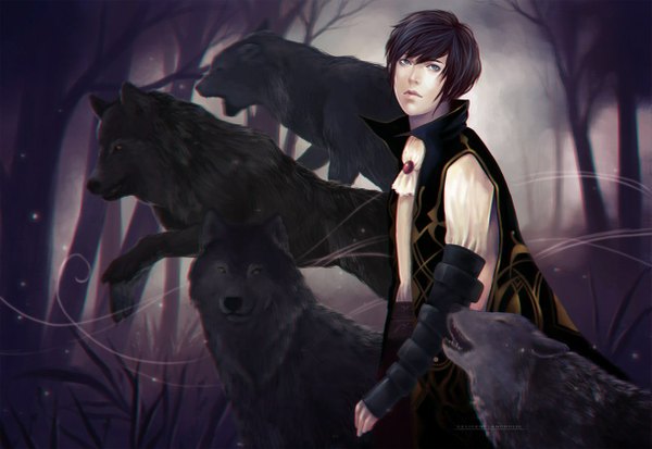 Anime picture 1218x840 with felicemelancholie short hair blue eyes black hair signed boy plant (plants) animal tree (trees) fingerless gloves forest fireflies wolf
