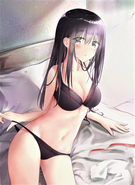 Anime-Bild 1476x2031 mit original kayakooooo single long hair tall image looking at viewer blush fringe breasts light erotic hair between eyes large breasts bare shoulders cleavage indoors lying arm support underwear only panty pull silver eyes